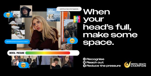 The image shows a young girl who looks sad, surrounded by images, texts and social media as a bar at the bottom shows shes's her mental pressure bar has reached capacity